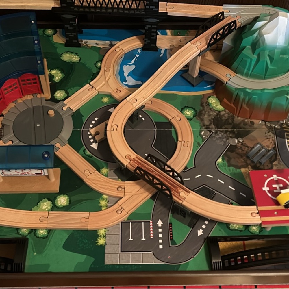 Wooden Train Set with Bridges and Tracks